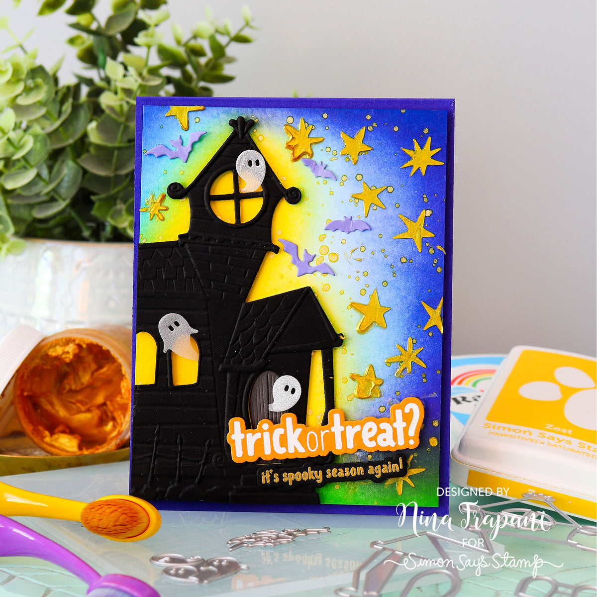 Simon Says Stamp Embossing Folder and Cutting Dies Creepy Mansion sfd646 Nina-Marie Trapani Glowing Spooky Halloween Card