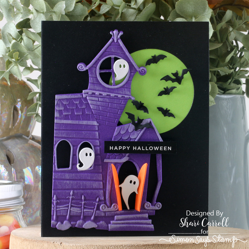  Simon Says Stamp Embossing Folder and Cutting Dies Creepy Mansion sfd646 Shari Carroll Purple Haunted House Halloween Card 