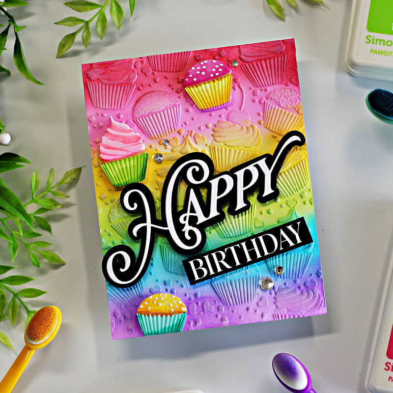 Simon Says Stamp Embossing Folder and Cutting Dies Cute Cupcakes sfd619 Sandi MacIver Colorful Cupcakes Happy Birthday Card
