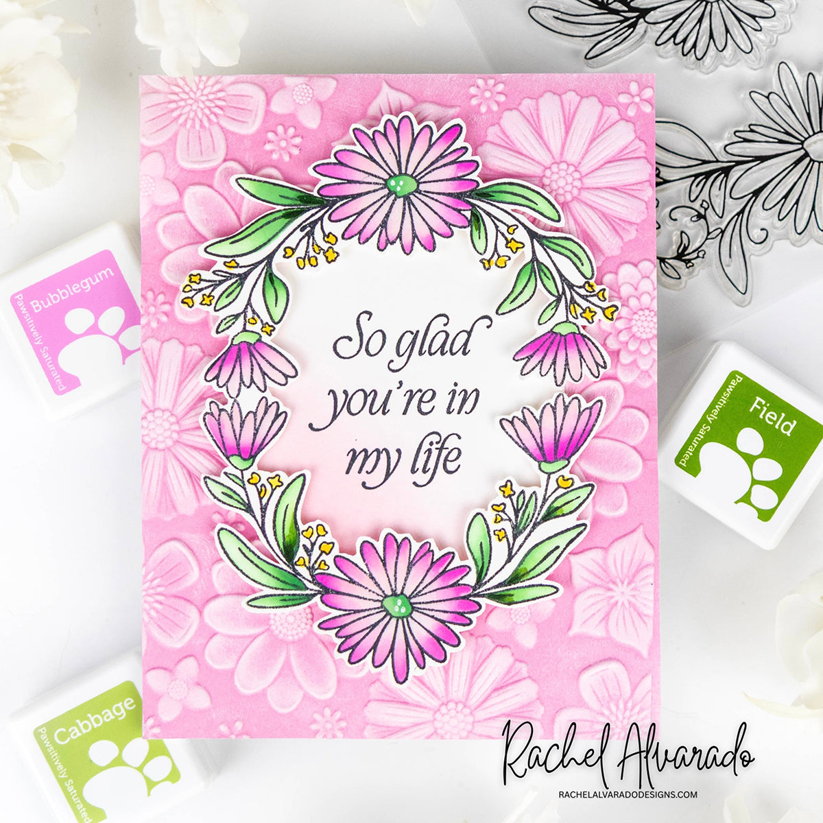 Simon Says Stamp Embossing Folder and Cutting Dies Flower Medley sfd597 Every Happiness Rachel Alvarado Pink Floral Card