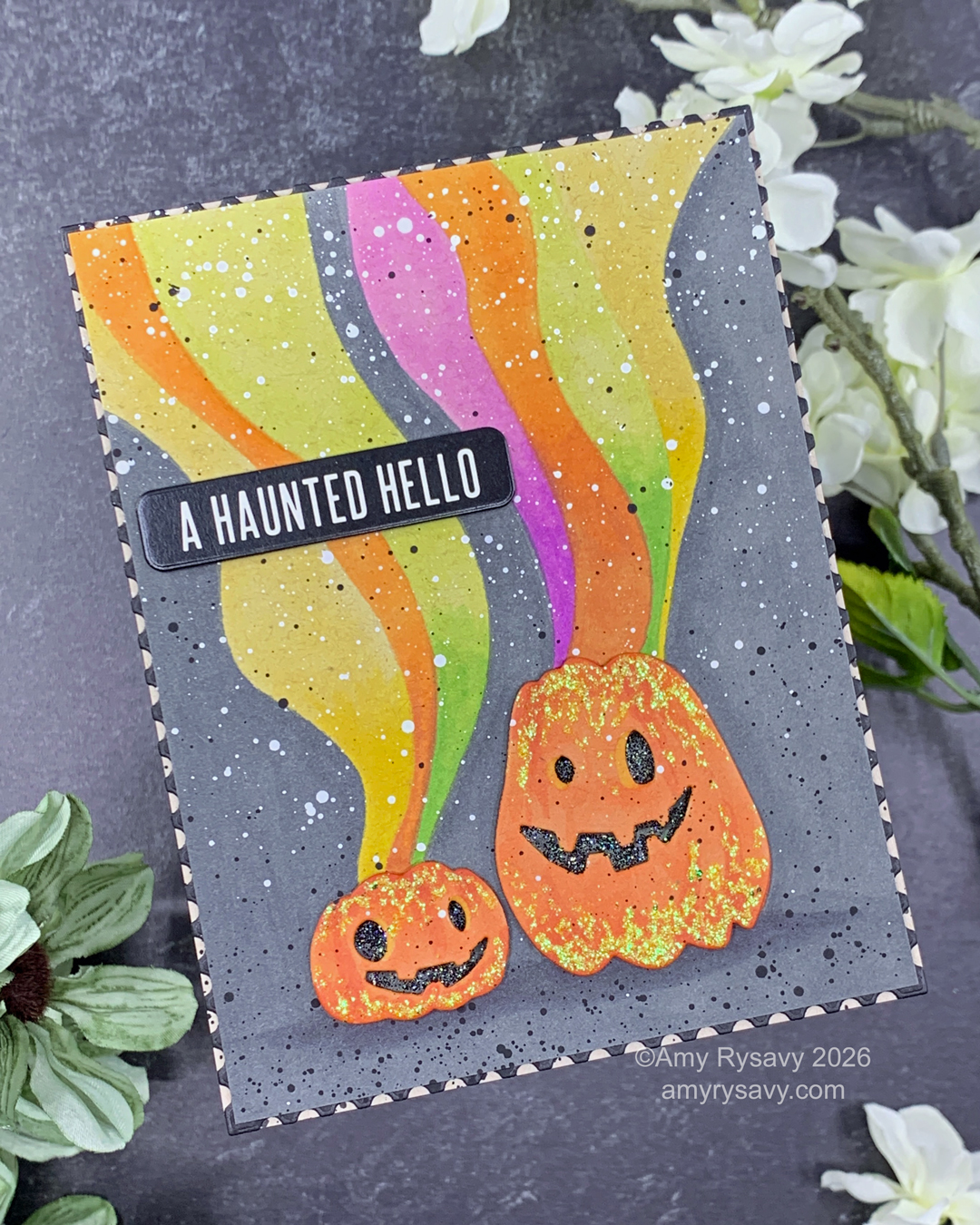 Simon Says Stamp Embossing Folder and Cutting Dies Haunted Pumpkins sfd652 Sending Cheer * Amy Rysavy Spooky Colorful Halloween Card | color-code:ALT01