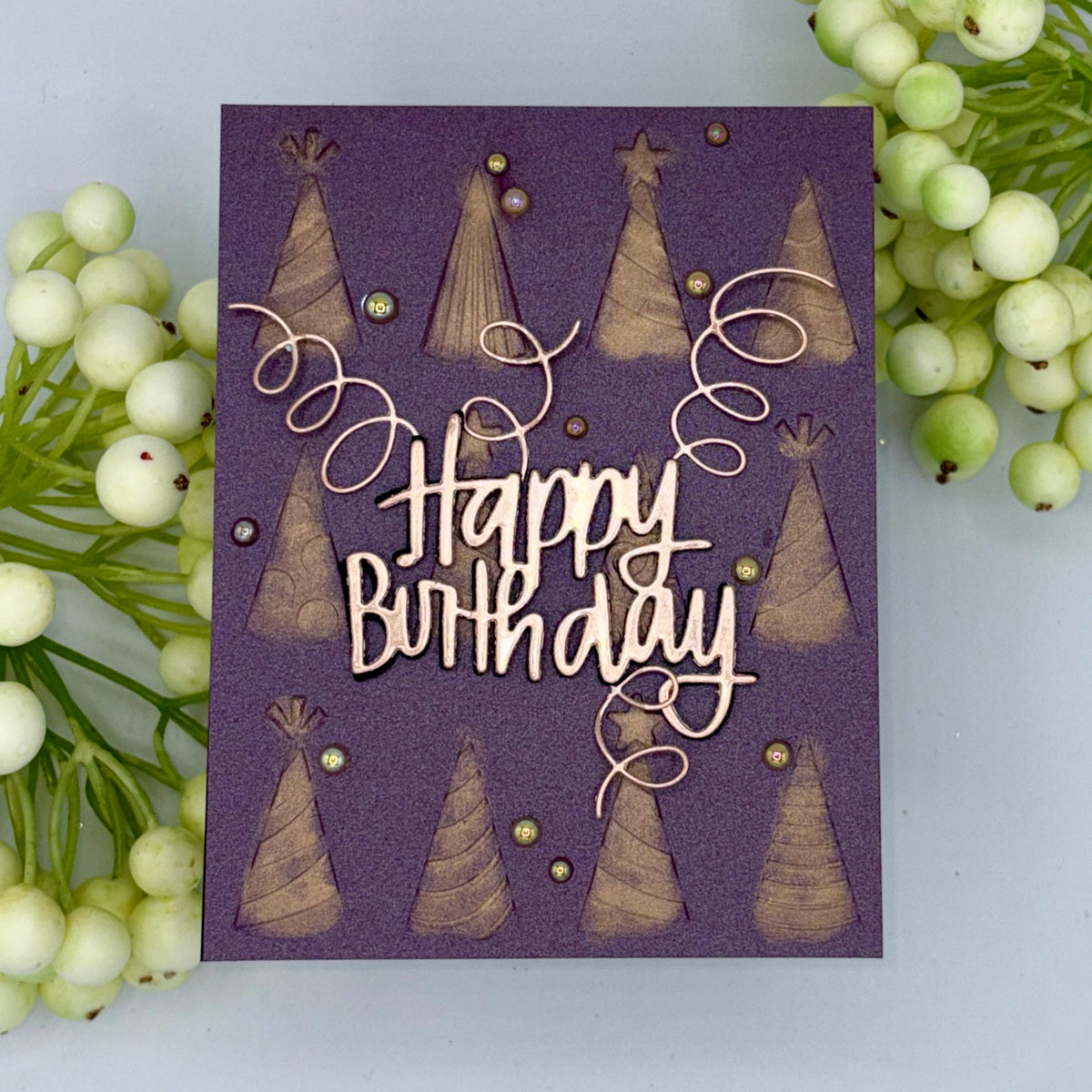 Simon Says Stamp Embossing Folder and Cutting Dies Party Time Hats sfd626 Bonnie Crane Purple and Gold Birthday Card
