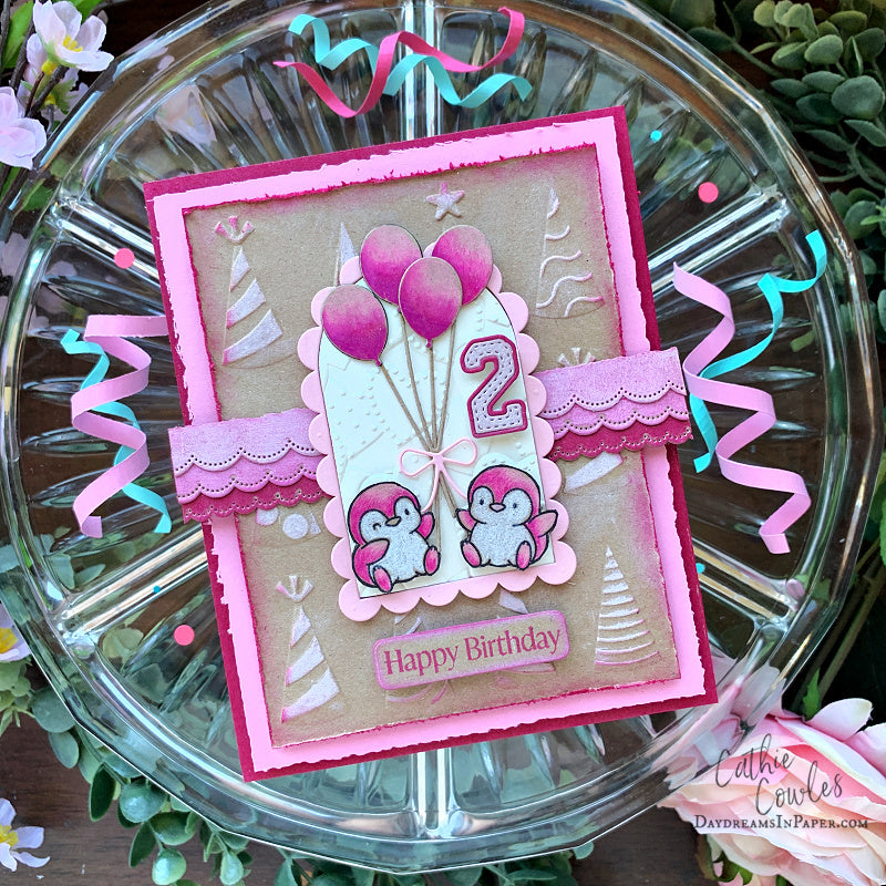 Simon Says Stamp Embossing Folder and Cutting Dies Party Time Hats sfd626 Cathie Cowles Cute Pink 2nd Birthday Card