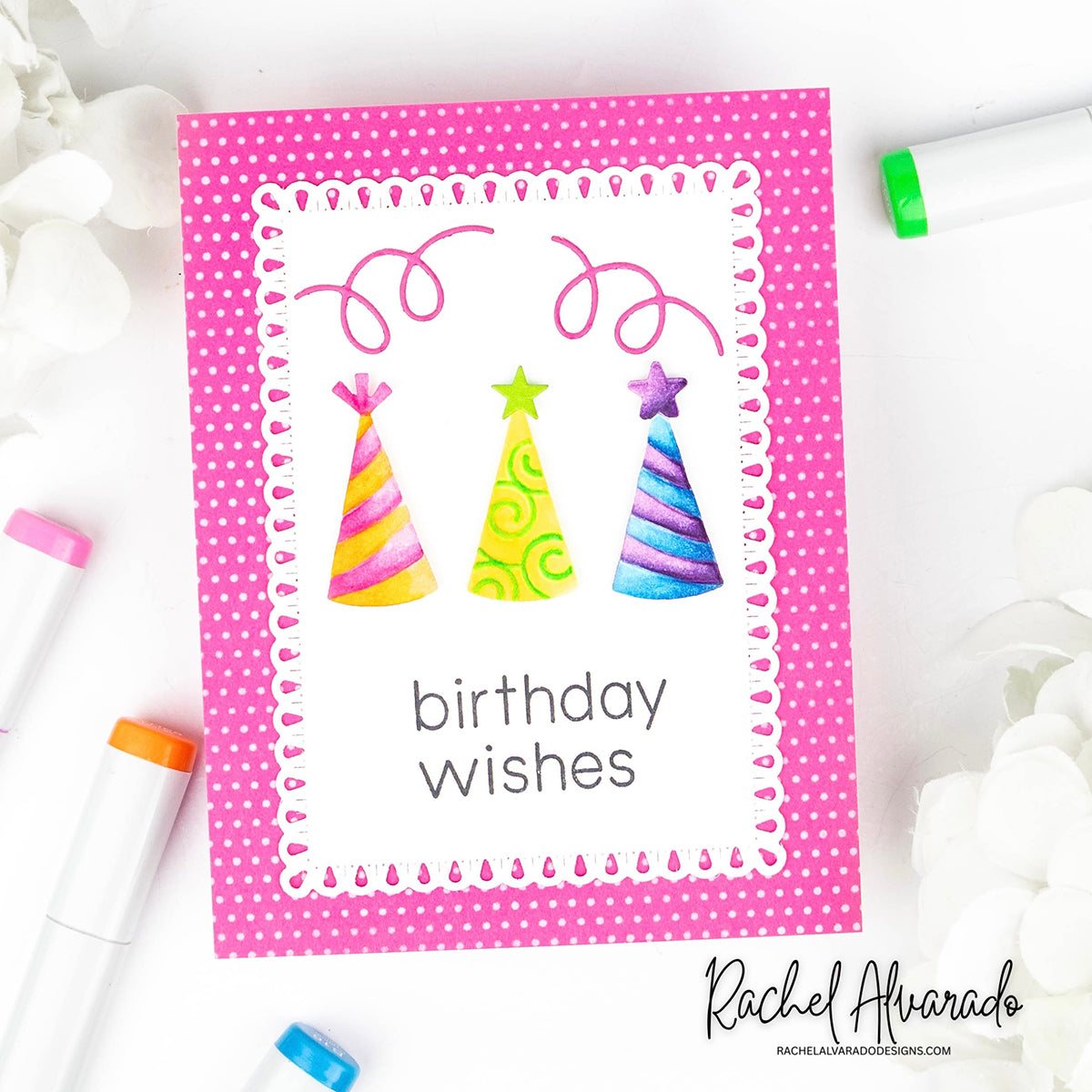 Simon Says Stamp Embossing Folder and Cutting Dies Party Time Hats sfd626 Rachel Alvarado Cute Pink Birthday Card
