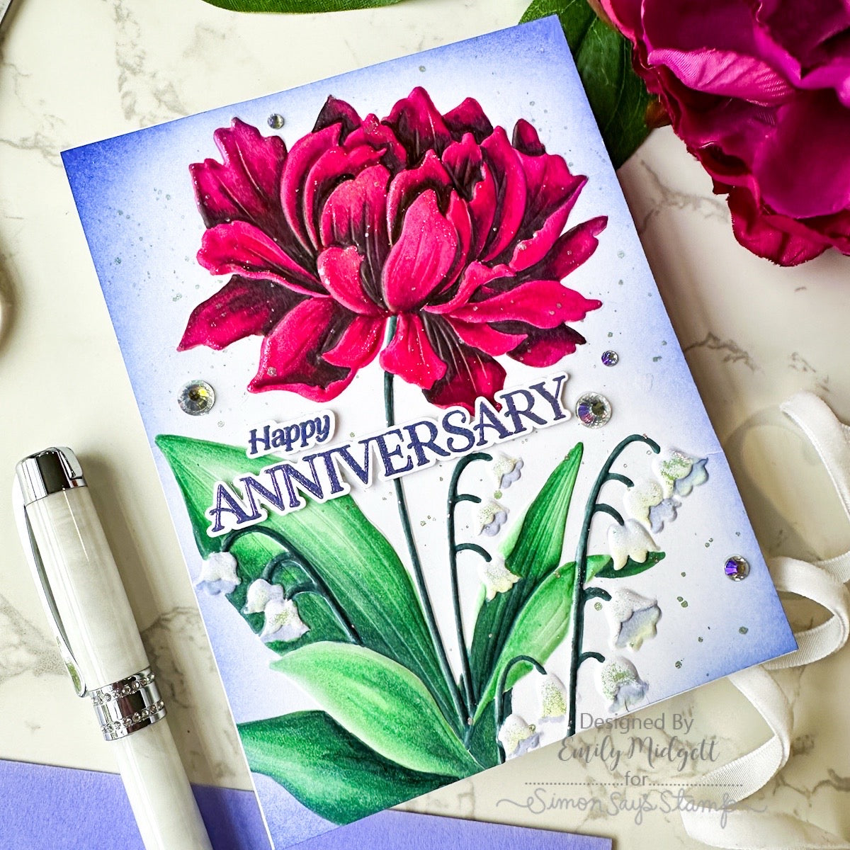 Simon Says Stamp Embossing Folder and Cutting Dies Peony and Bells sfd595 Always There Floral Anniversary Card Emily Midgett
