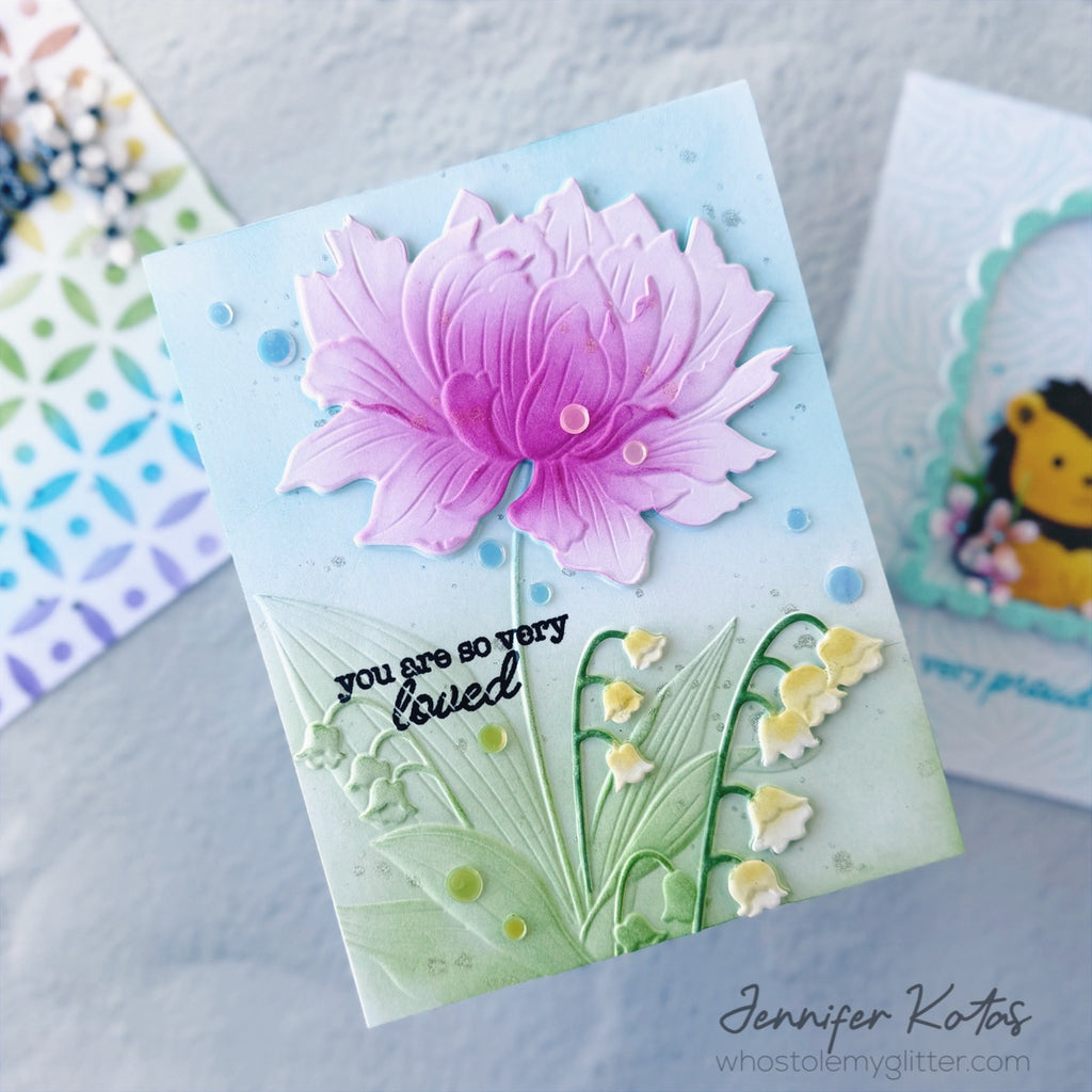 Simon Says Stamp Embossing Folder and Cutting Dies Peony and Bells sfd595 Always There Floral So Very Loved Card Jennifer Kotas