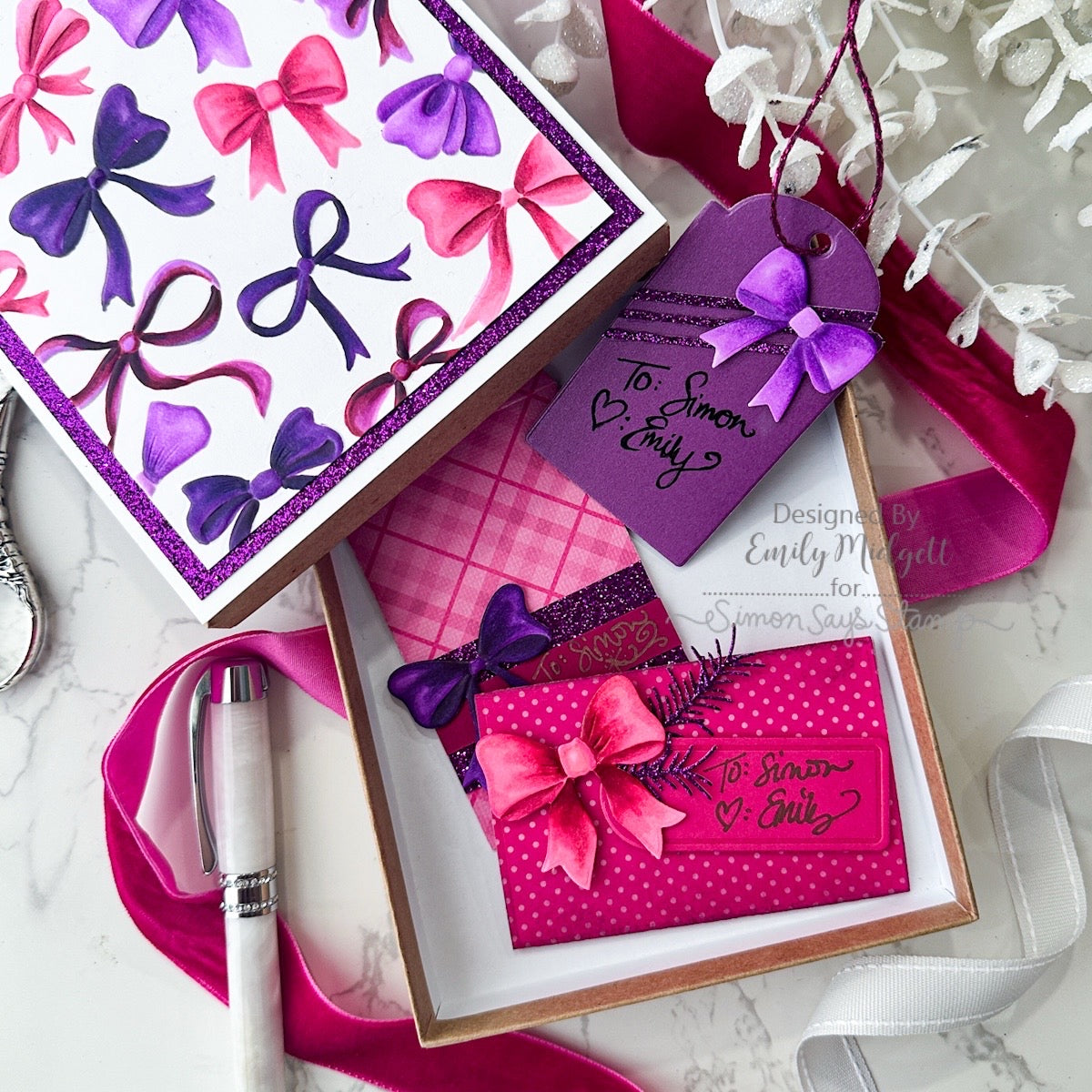 Simon Says Stamp Embossing Folder and Dies Beautiful Bows sfd633set Emily Midgett Celebratory Tags and Card