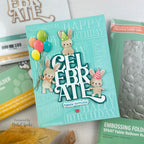Simon Says Stamp Embossing Folder and Dies Fable Balloon Bunnies sfd647set Nichol Spohr Aqua Birthday Card with Rabbits wearing Party Hats and holding Balloons.