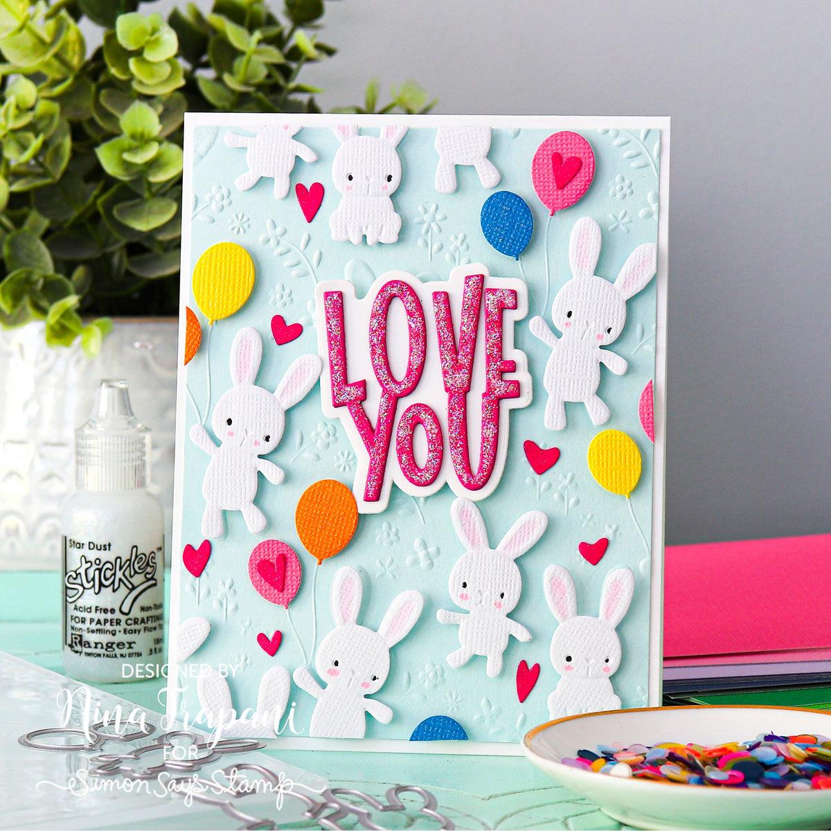 Simon Says Stamp Embossing Folder and Dies Fable Balloon Bunnies sfd647set Nina-Marie Trapani Bunny Love You Card