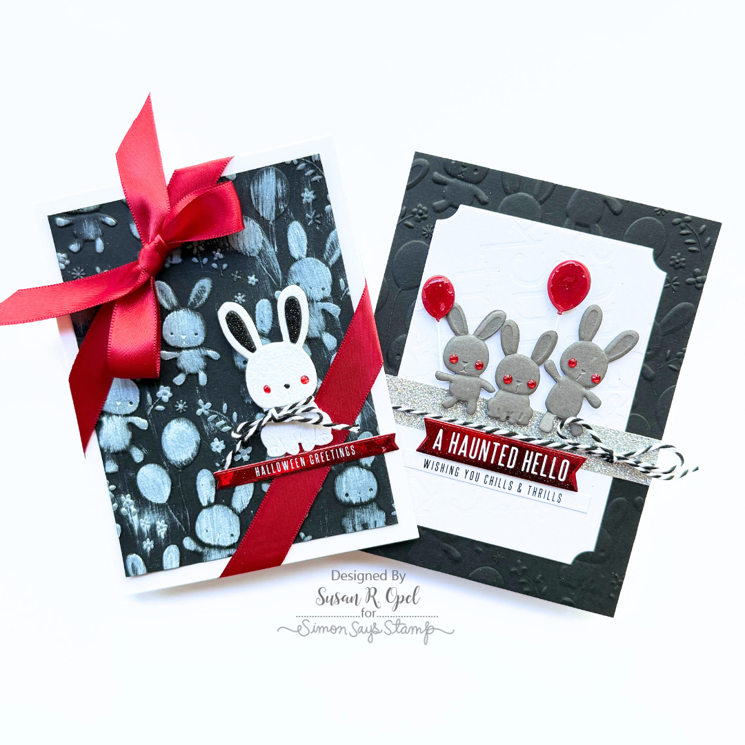 Simon Says Stamp Embossing Folder and Dies Fable Balloon Bunnies sfd647set Susan R. Opel Psycho Demon Rabbits Halloween Card Set