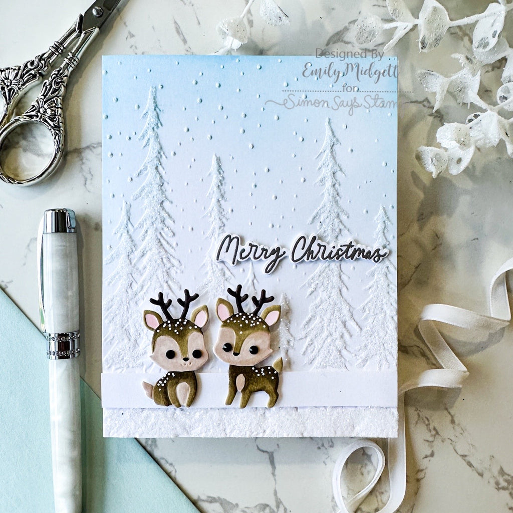 Simon Says Stamp Embossing Folder and Dies Fable Snowy Deer sfd658set Emily Midgett Two Cute Reindeer in the Woods Christmas Card 