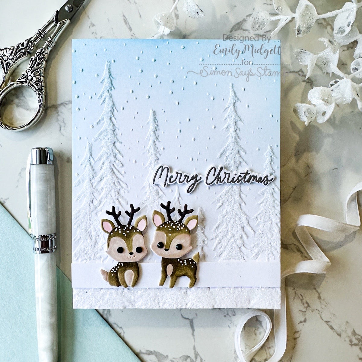 Simon Says Stamp Embossing Folder and Dies Fable Snowy Deer sfd658set Emily Midgett Two Cute Reindeer in the Woods Christmas Card 