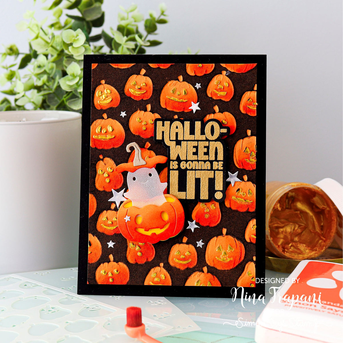Simon Says Stamp Embossing Folder and Stencils Glowing Jack O Lanterns set1385gj Nina-Marie Trapani Cute Pumpkins Halloween Card | color-code:ALT02