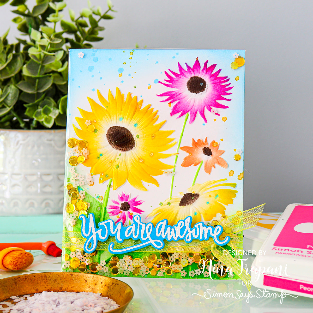 Simon Says Stamp Embossing Folder and Stencils Splendid Daisies set1372sd Nina-Marie Trapani You Are Awesome Card | color-code:ALT01