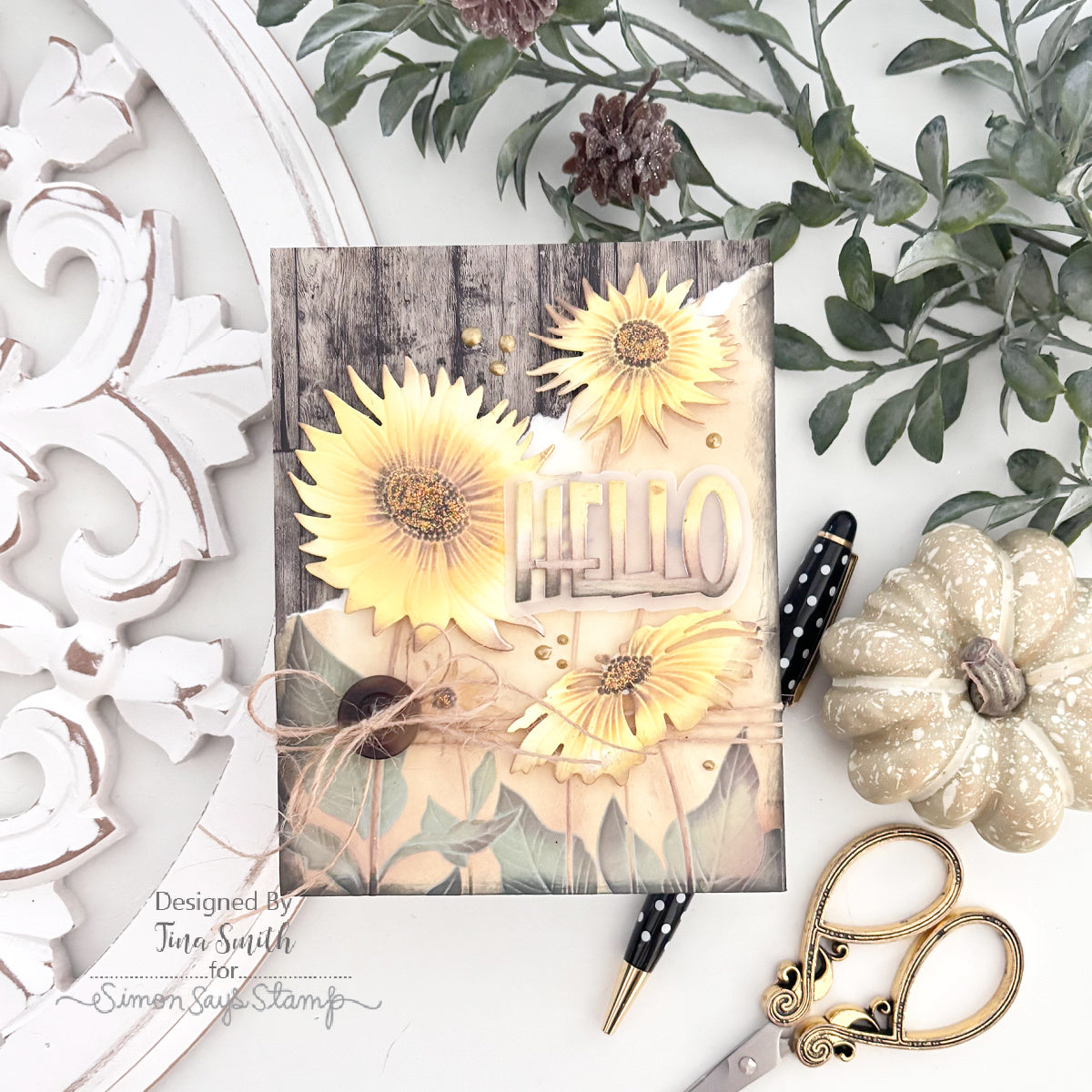 Simon Says Stamp Embossing Folder and Stencils Splendid Daisies set1372sd Tina Smith Yellow Flower Hello Card