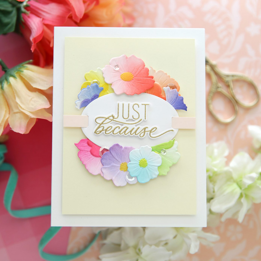 Simon Says Stamp Embossing Folders Stencils and Dies Morning Glory Vibes set1316mg Laura Bassen Various Colored Flowers Just Because Card | color-code:ALT08