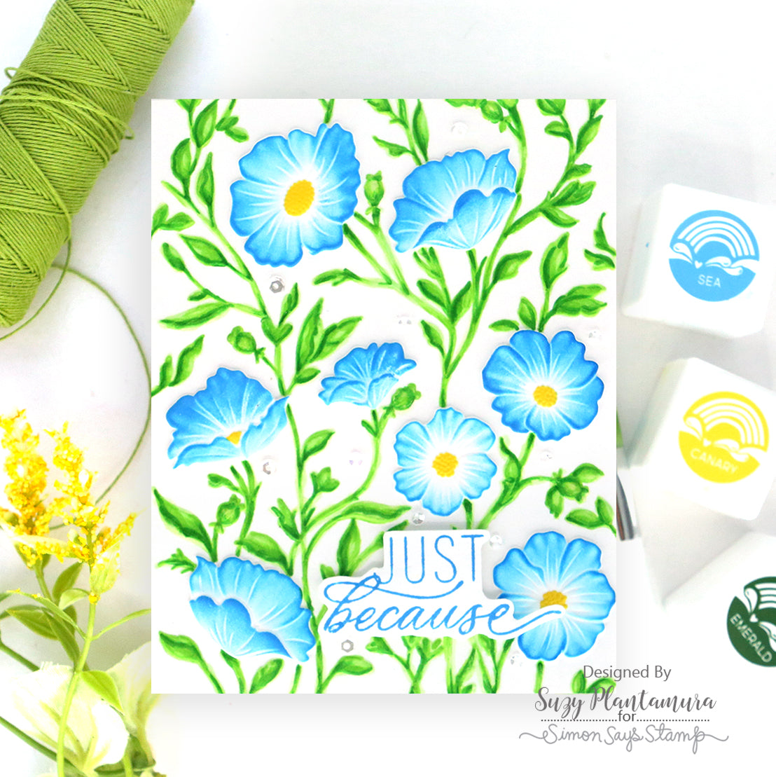 Simon Says Stamp Embossing Folders Stencils and Dies Morning Glory Vibes set1316mg Suzy Plantamura Just Because Blue Flowers Card