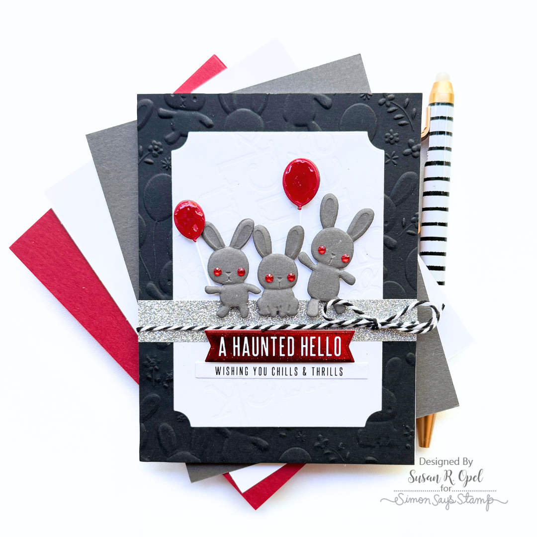 Simon Says Stamp Fable Balloon Bunnies Wafer Dies sd647 Susan R. Opel Psycho Demon Rabbits Halloween Card