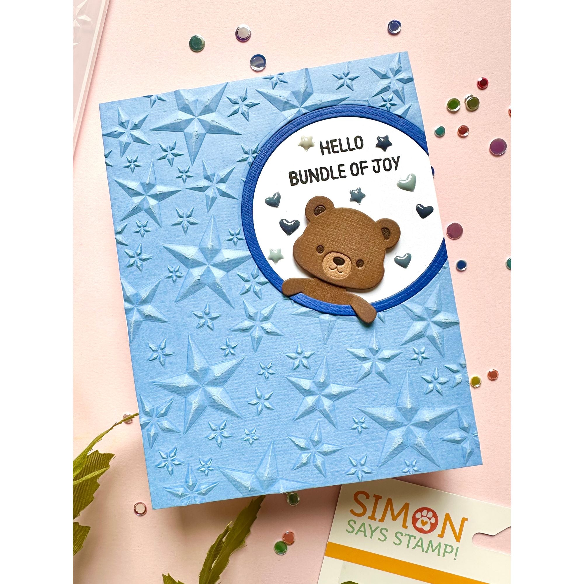 Simon Says Stamp Fable Bear Wafer Dies s1149 Always There Baby Boy Card with Stars Enza Gudor