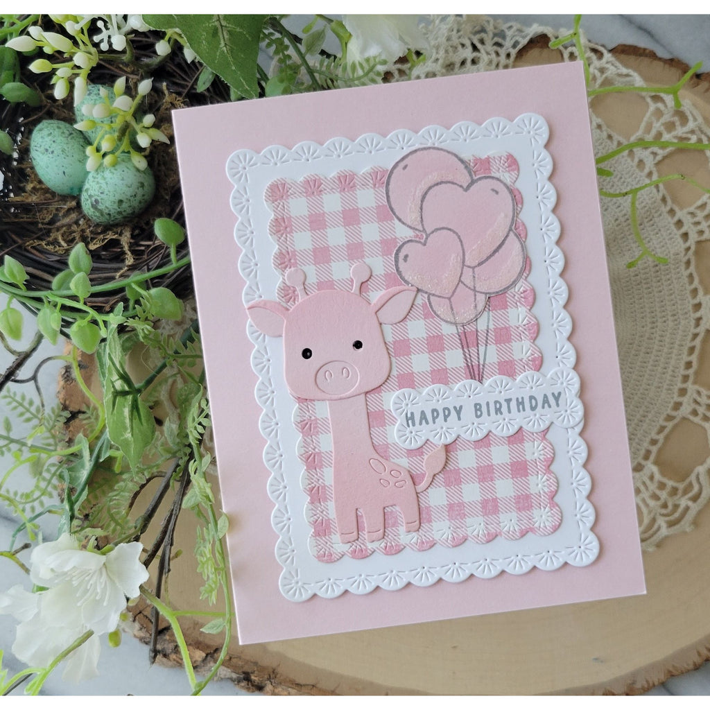 Simon Says Stamp Fable Giraffe Wafer Dies s1150 Always There Pink Giraffe Card with Gingham Rosemary Dennis