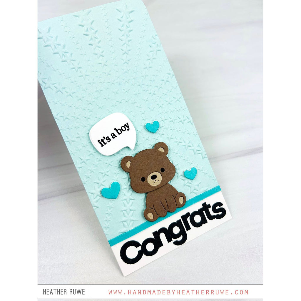 Simon Says Stamp Fable Sitting Bear Wafer Dies s1158 Always There Baby Boy Congrats Card Heather Ruwe | color-code:ALT01