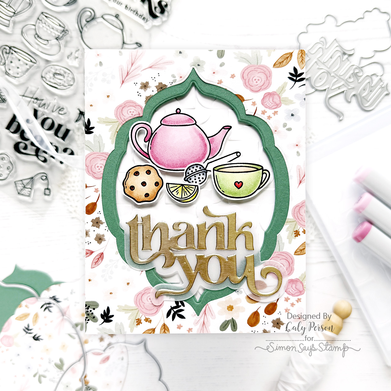 Simon Says Stamp Fancy Thank You Wafer Dies 8012sd Happy Camper Tea Time Thank You Card Caly Person | color-code:ALT12