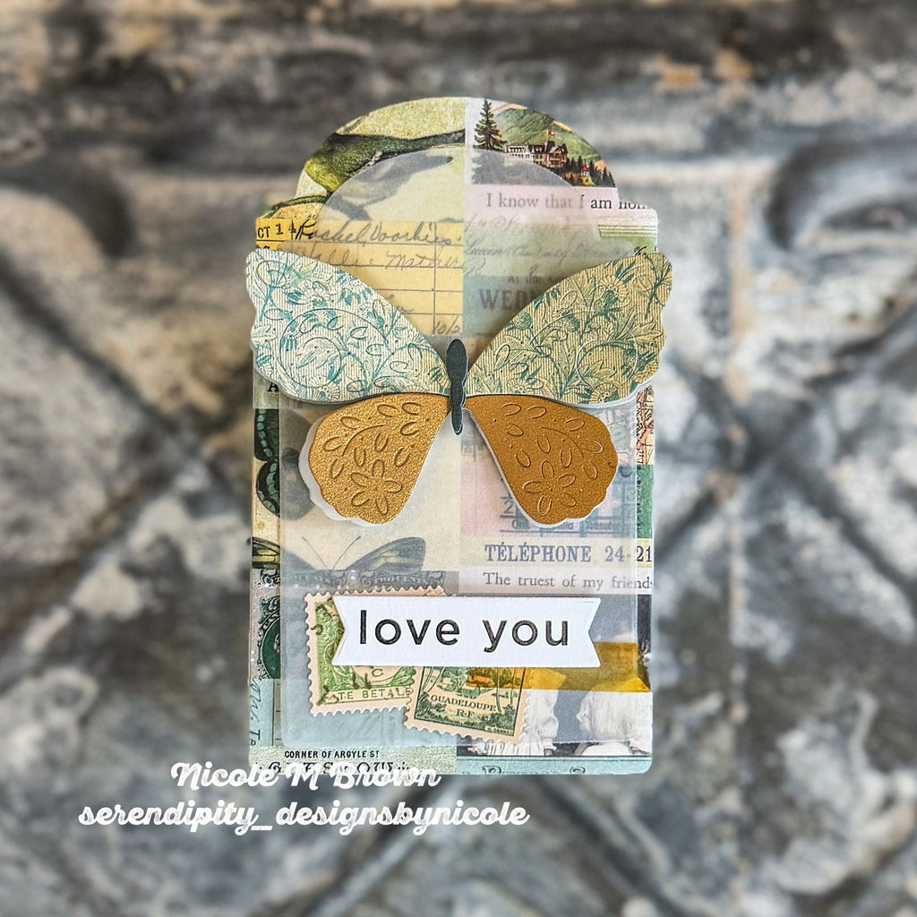 Simon Says Stamp Flourish Beautiful Butterfly Wafer Dies s1133 Shine On Mixed Media Love You Tag Nicole Brown