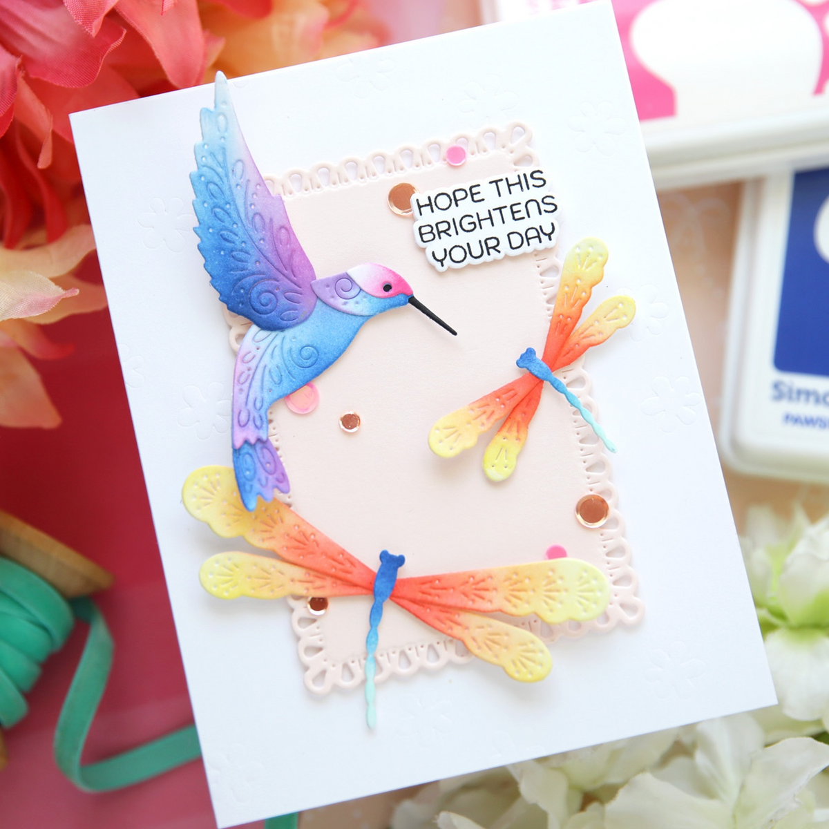 Simon Says Stamp Flourish Hummingbird Wafer Dies s1134 Every Happiness Laura Bassen Hummingbird and Dragonflies Card | color-code:ALT04
