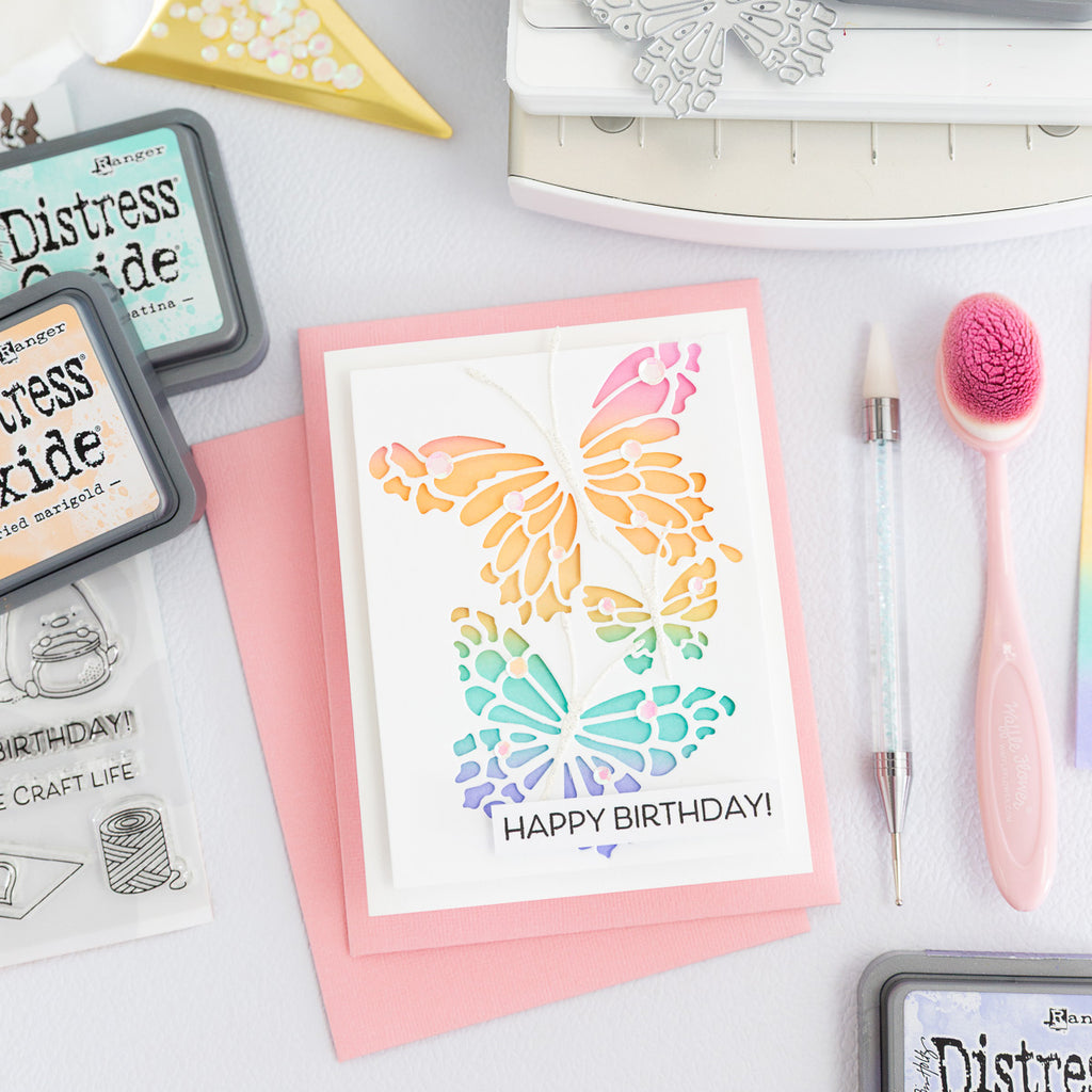 Simon Says Stamp Flying Butterfly Collage Wafer Dies s1223 Stamptember Celes Gonzalo Beautiful Birthday Card