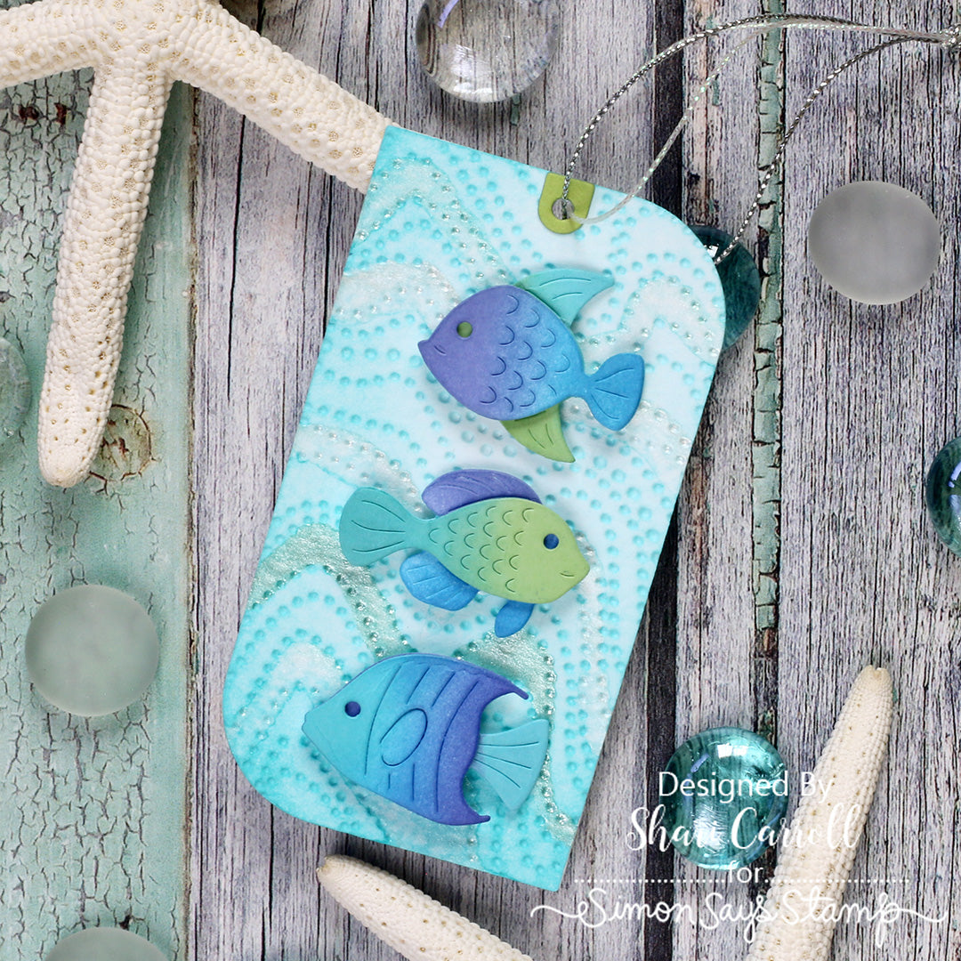 Simon Says Stamp Fun Fish Wafer Dies s1170 Shine On Blues and Greens Sea Creatures Tag Shari Carroll