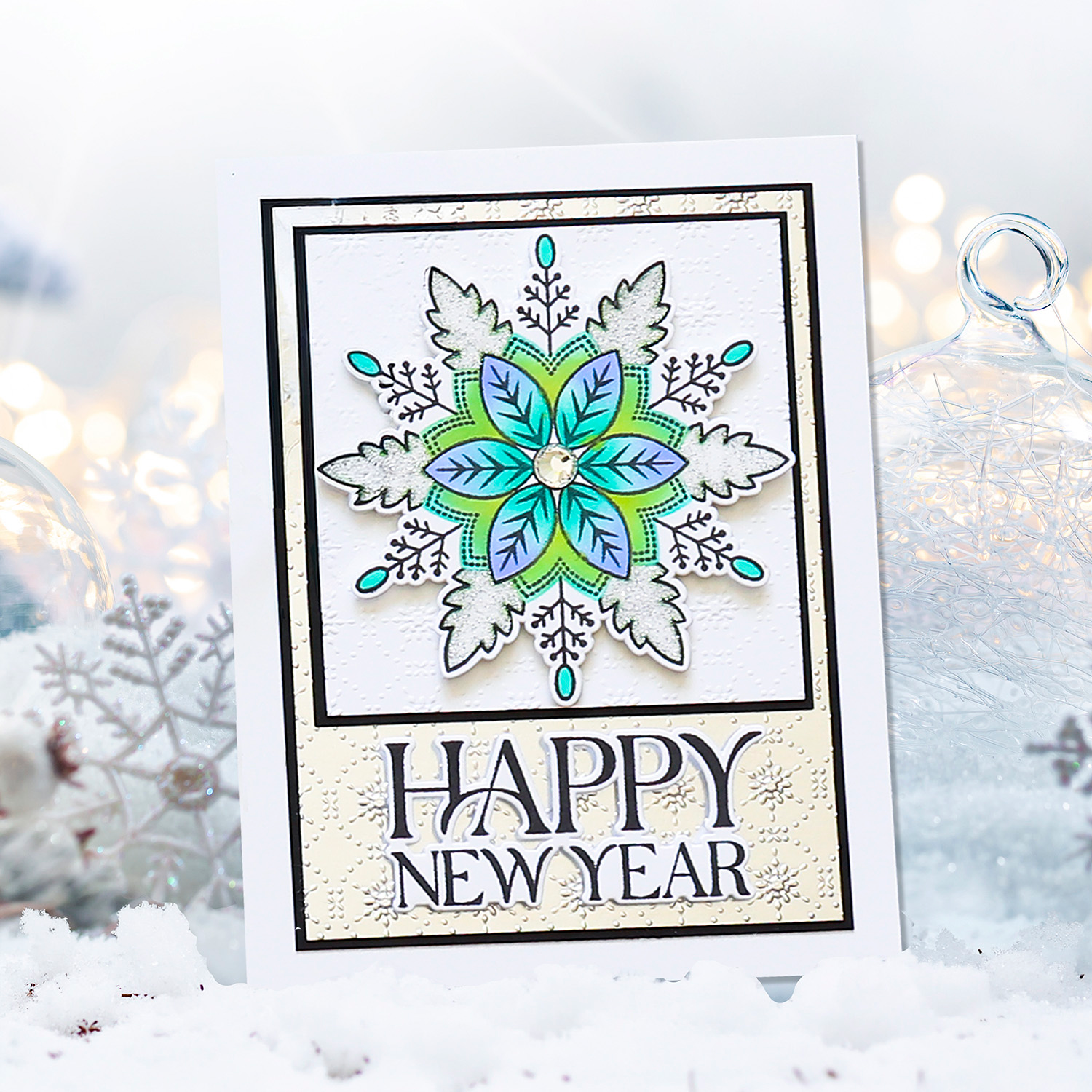 Simon Says Stamp Gina K Designs Christmas Star Flakes in July Stamps Dies Stencils Embossing Folder Ink and Poly-Glaze Snowflakes New Year Card