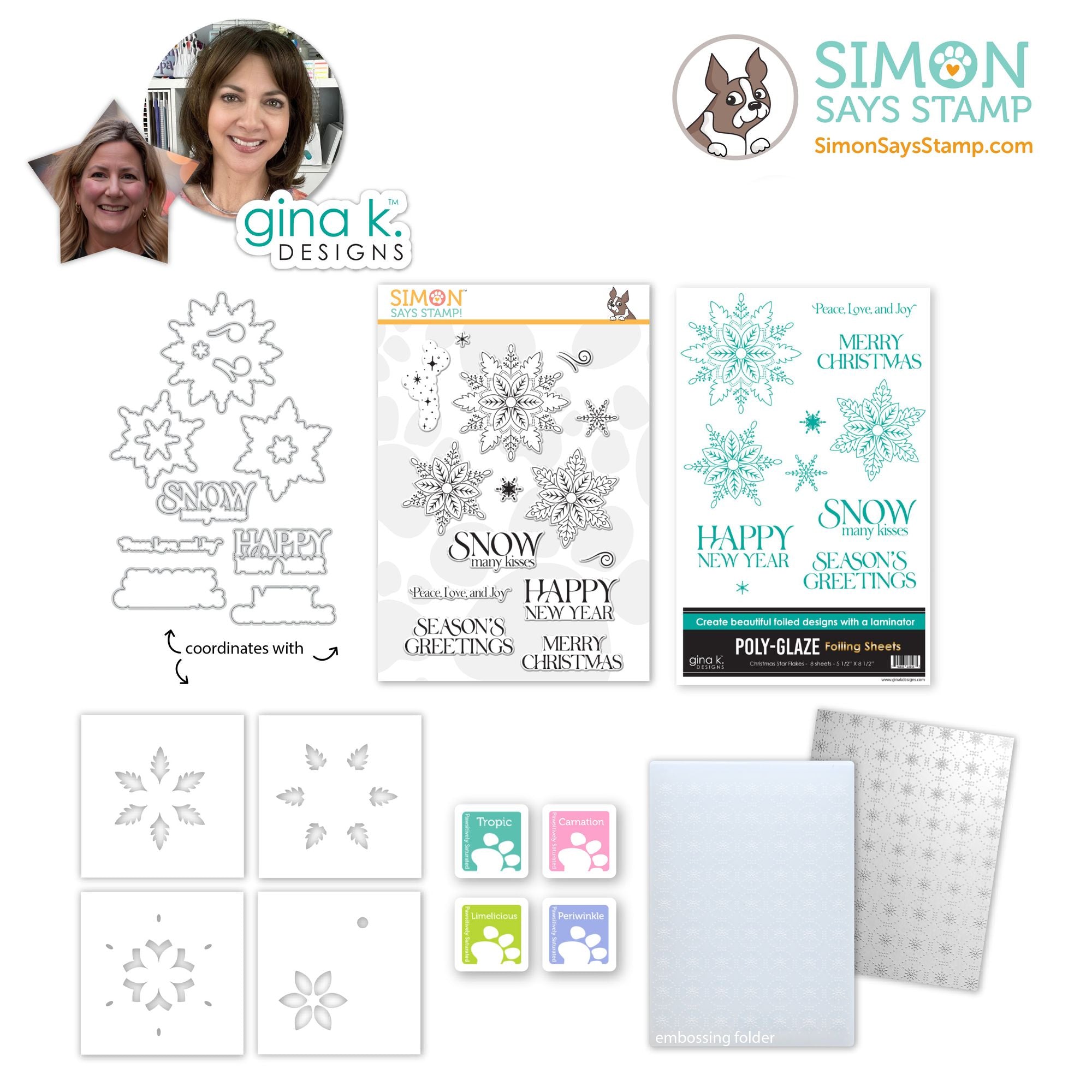 Simon Says Stamp Gina K Designs Christmas Star Flakes in July Stamps Dies Stencils Embossing Folder Ink and Poly-Glaze final