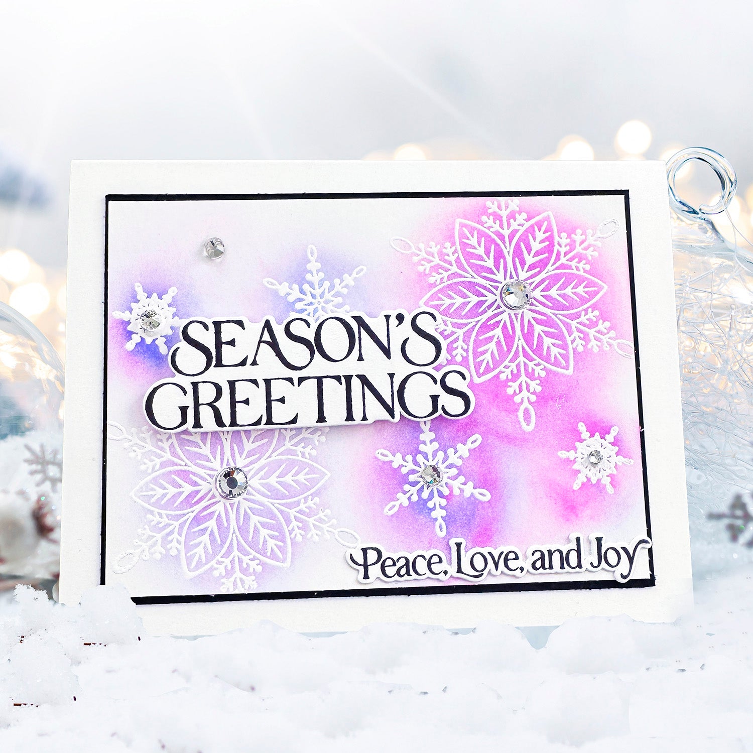 Simon Says Stamp Gina K Designs Christmas Star Flakes in July Stamps Dies Stencils Embossing Folder and Ink Heidi Crowl Pink Snowflakes Holiday Card | color-code:ALT06