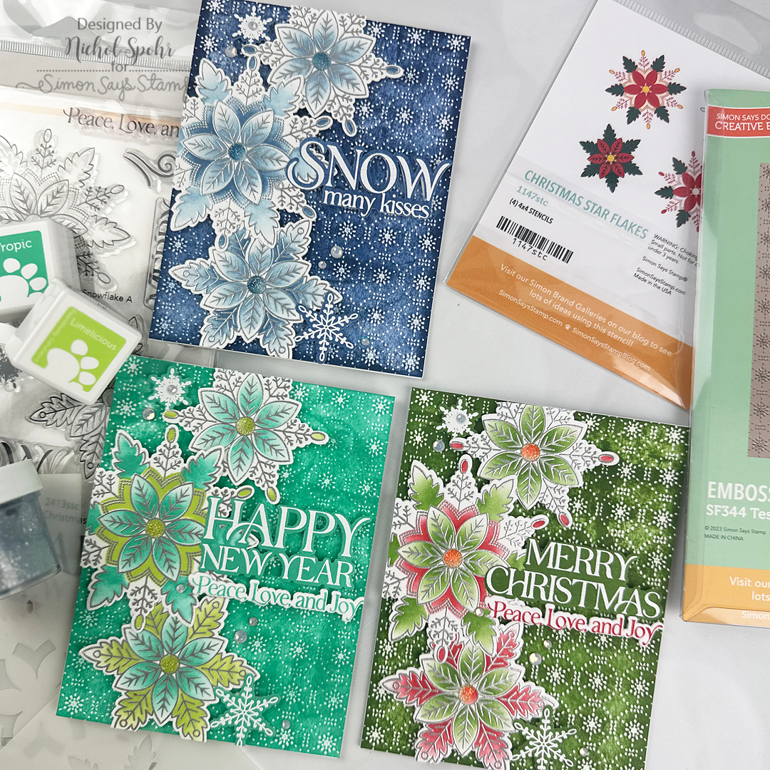 Simon Says Stamp Gina K Designs Christmas Star Flakes in July Stamps Dies Stencils Embossing Folder and Ink Nichol Spohr Christmas Star Flakes 3 Ways | color-code:ALT07