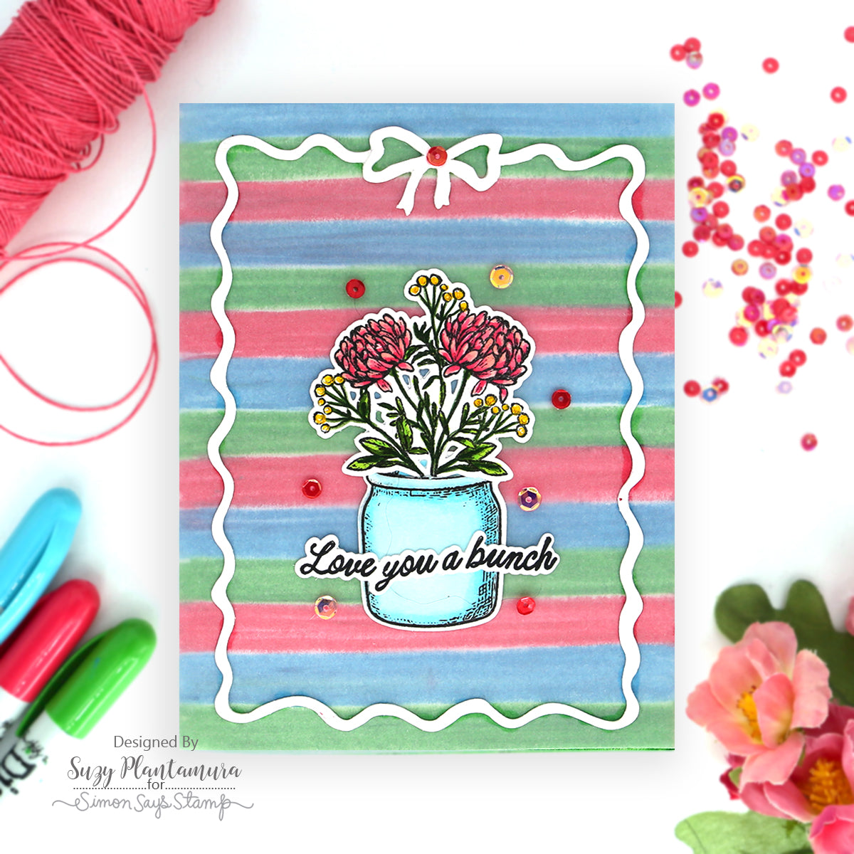 Simon Says Stamp Hand-tied Frame Wafer Dies 1741sd Suzy Plantamura Stripes, Flowers, and a Ribbon Card 