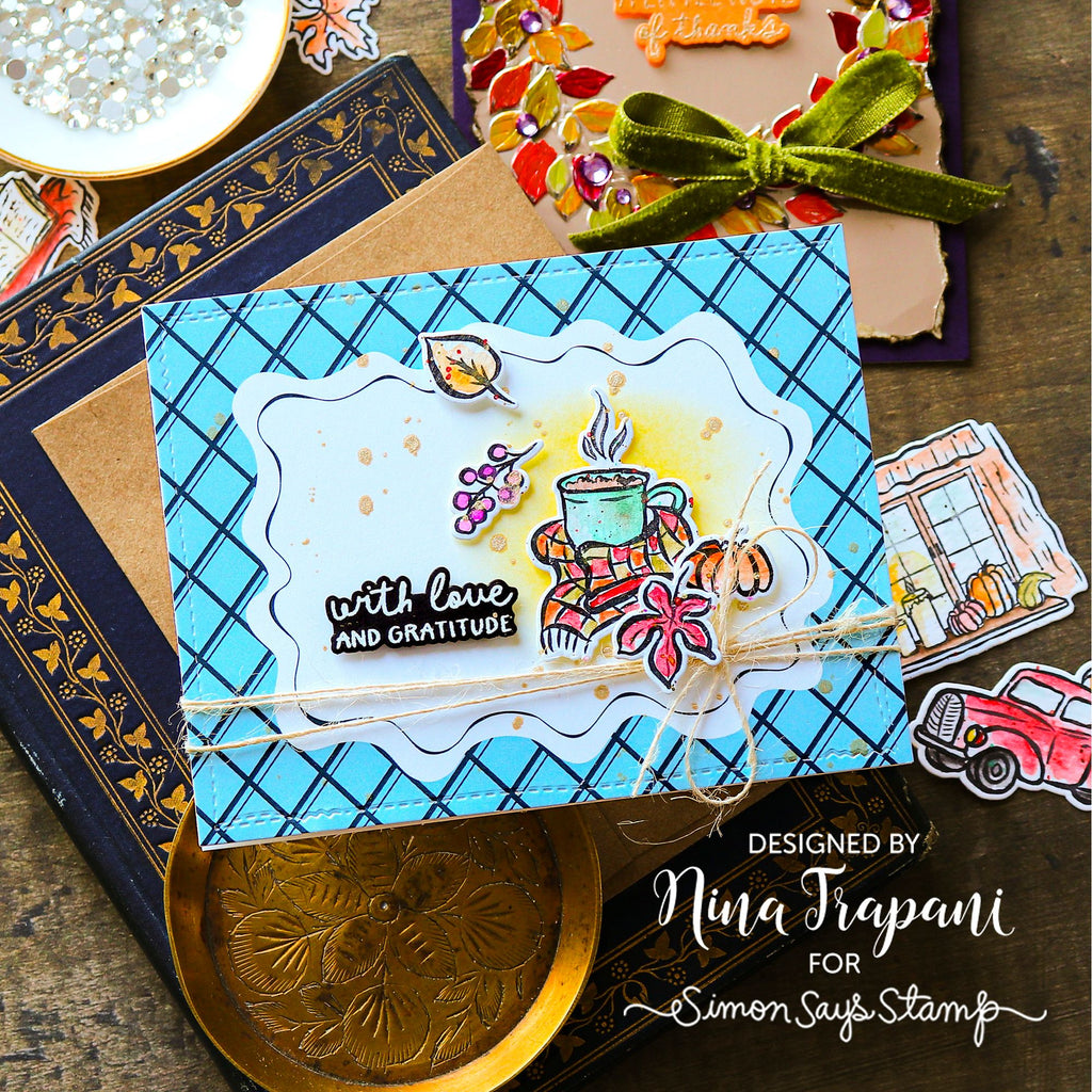 Simon Says Stamp Homespun Gratitude Wafer Dies 1809sdc Love and Gratitude Card Nina-Marie Trapani Cocoa wrapped in scarf Blue Plaid