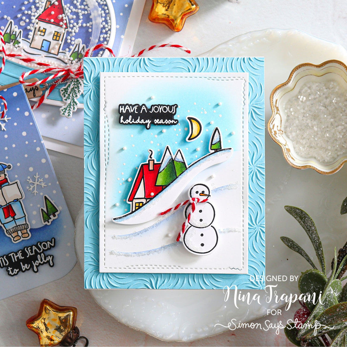 Simon Says Stamp Jolly Season Wafer Dies 1833sdc Nina-Marie Trapani Snowy Holiday Hill Scene Card