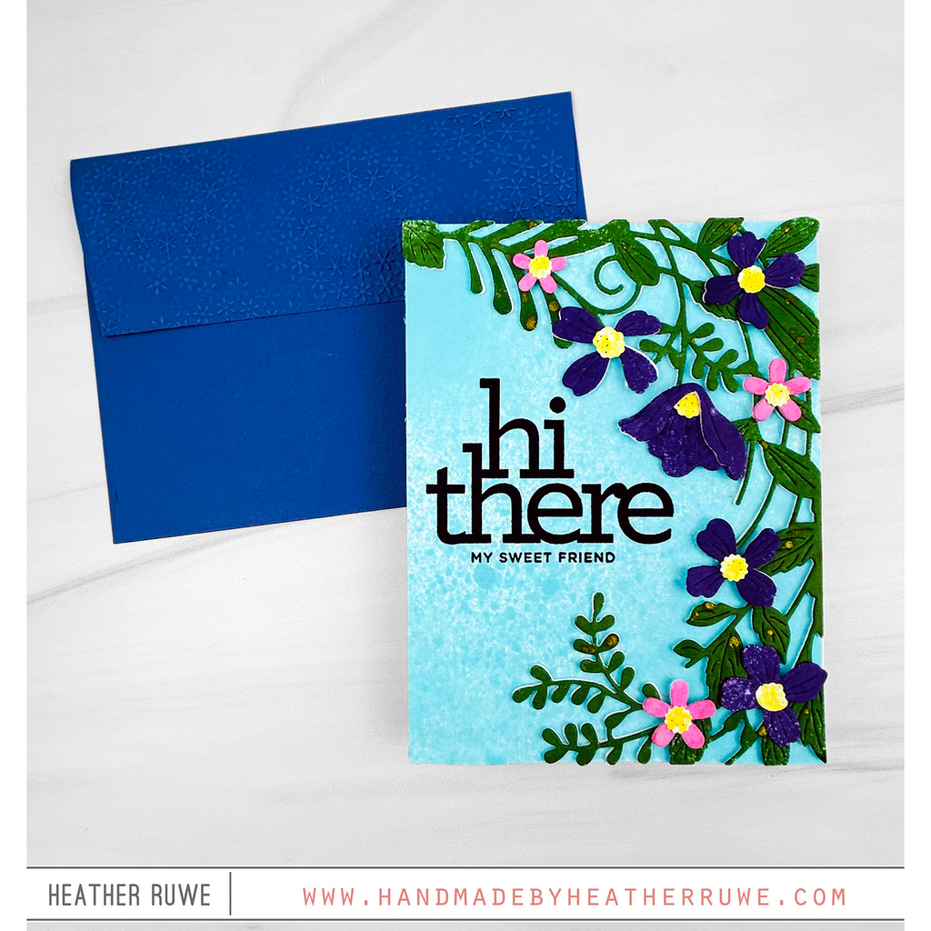 Simon Says Stamp Leafdance Flowers and Frame Wafer Dies s1129 Every Happiness Heather Ruwe Blue Vine Hi There Card | color-code:ALT11