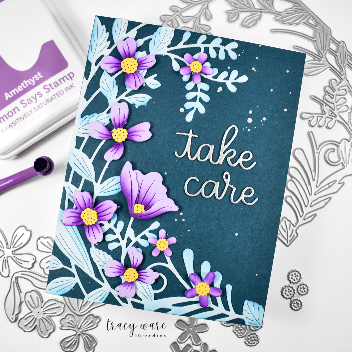 Simon Says Stamp Leafdance Flowers and Frame Wafer Dies s1129 Every Happiness Tracy Ware Take Care Card