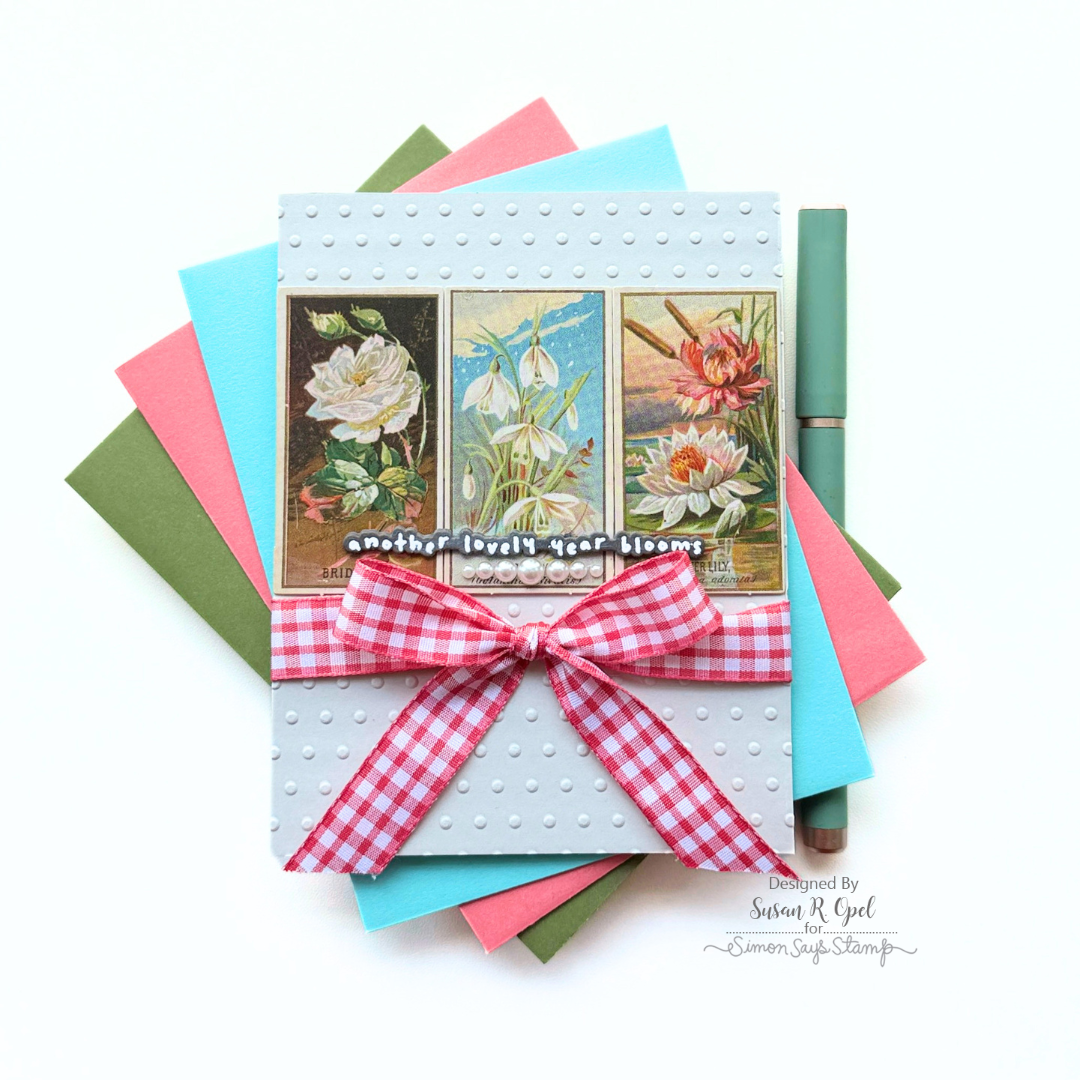 Simon Says Stamp Made to Flourish Wafer Dies 1738sdc Susan R. Opel Flowers, Gingham, and Pearls Birthday Card