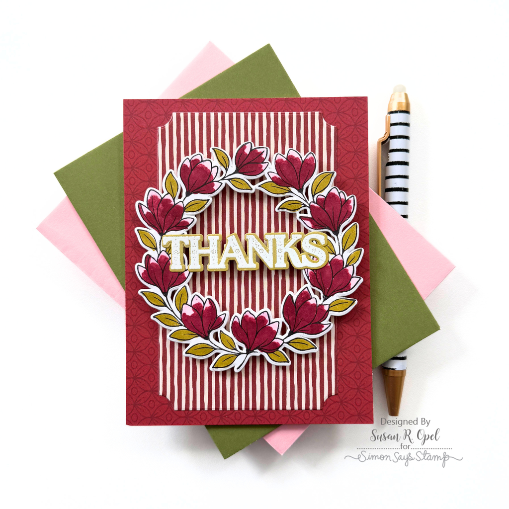 Simon Says Stamp Notched A7 Rectangles Wafer Dies 1416sd  Stamptember Susan R Opel Floral Wreath Thanks Card