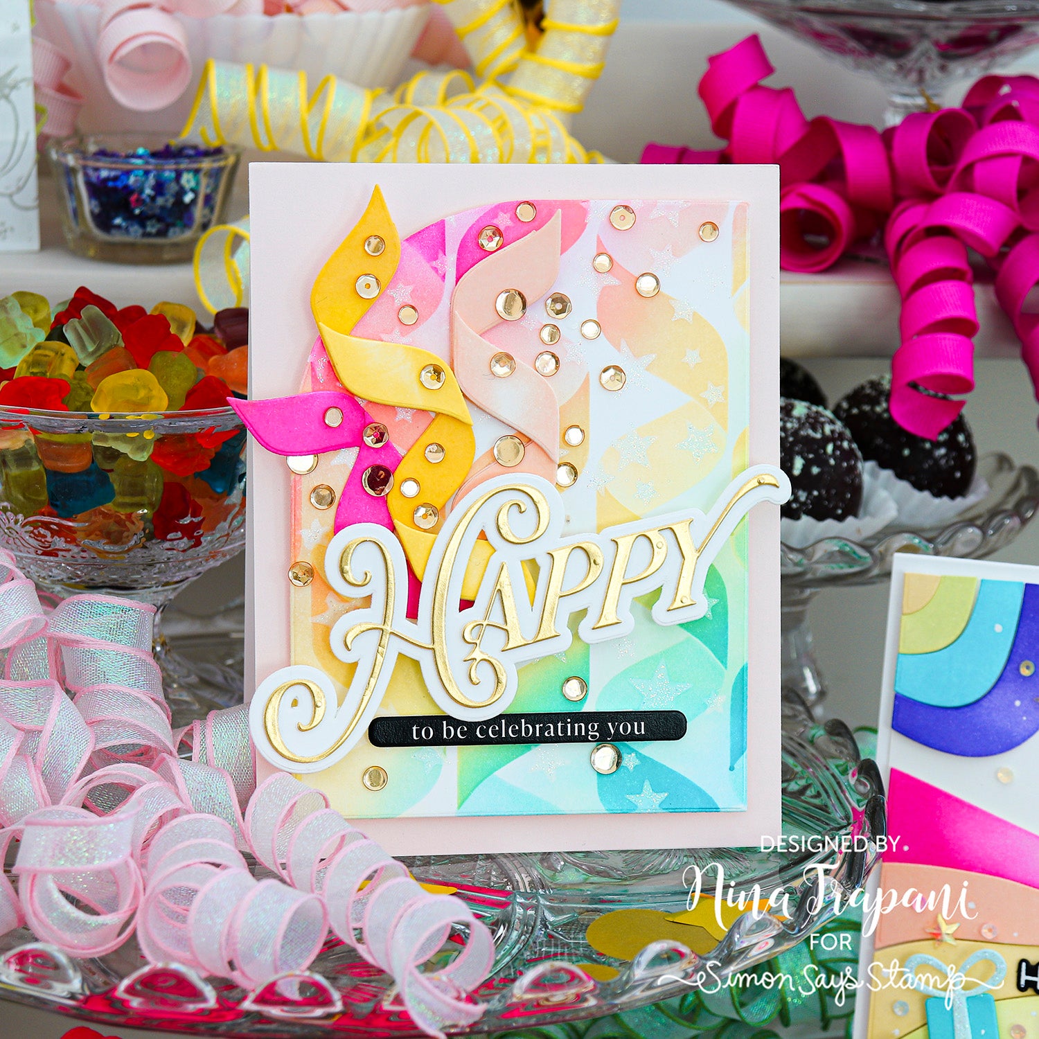 Simon Says Stamp Opulent Happy Wafer Dies 1673sdc Stamptember Nina Trapani Streamers Card