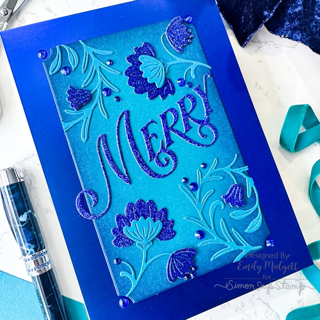 Simon Says Stamp Opulent Merry Wafer Dies 1663sd Stamptember Emily Midgett Blue Christmas Card