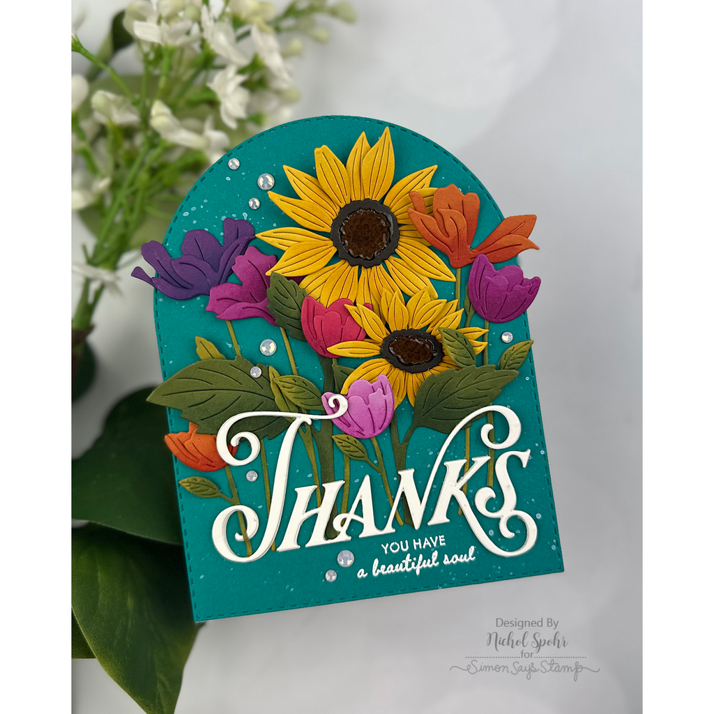 Simon Says Stamp Opulent Thanks Wafer Dies 1664sd Every Happiness Nichol Spohr Arched Floral Thanks Card | color-code:ALT04