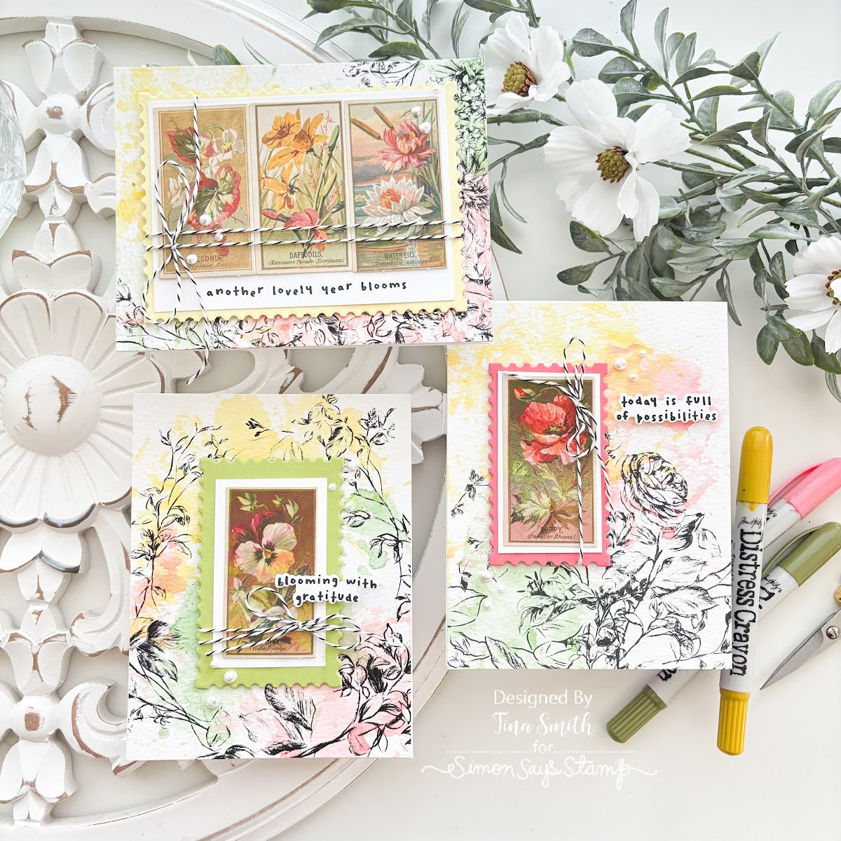 Simon Says Stamp Pack of 4 Watercolor Card Fronts Sketched Florals 1023sf Tina Smith Watercolored Vintage Floral Cards | color-code:ALT06