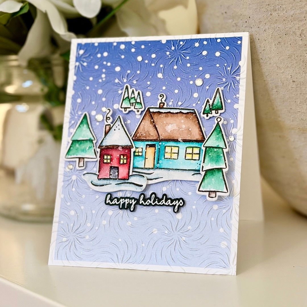 Simon Says Stamp Pack of 8 Card Fronts Snow Flurries 1025sf Joe Sysavath Cozy Village Holiday Card