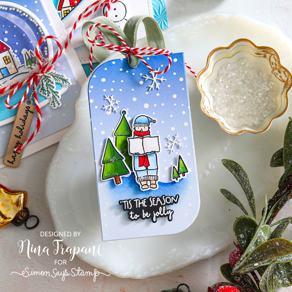 Simon Says Stamp Pack of 8 Card Fronts Snow Flurries 1025sf Nina-Marie Trapani Christmas Caroler in the Snow Holiday Tag