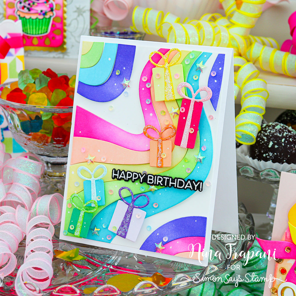 Simon Says Stamp Party Gifts and Bows Wafer Dies s1175 Stamptember Nina Trapani Bold Birthday Card