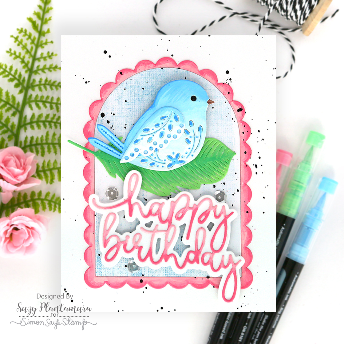 Simon Says Stamp Pawsitively Perfect Splatter Medium Black st0190 Flourish Bird Birthday Card Suzy Plantamura | color-code:ALT01
