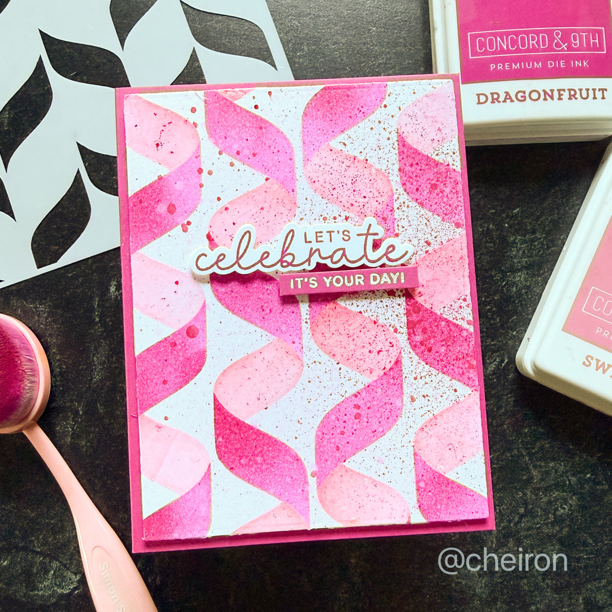Simon Says Stamp Set of 2 Stencils Background Streamers 1146mt Stamptember Cheiron Pink Celebration Card
